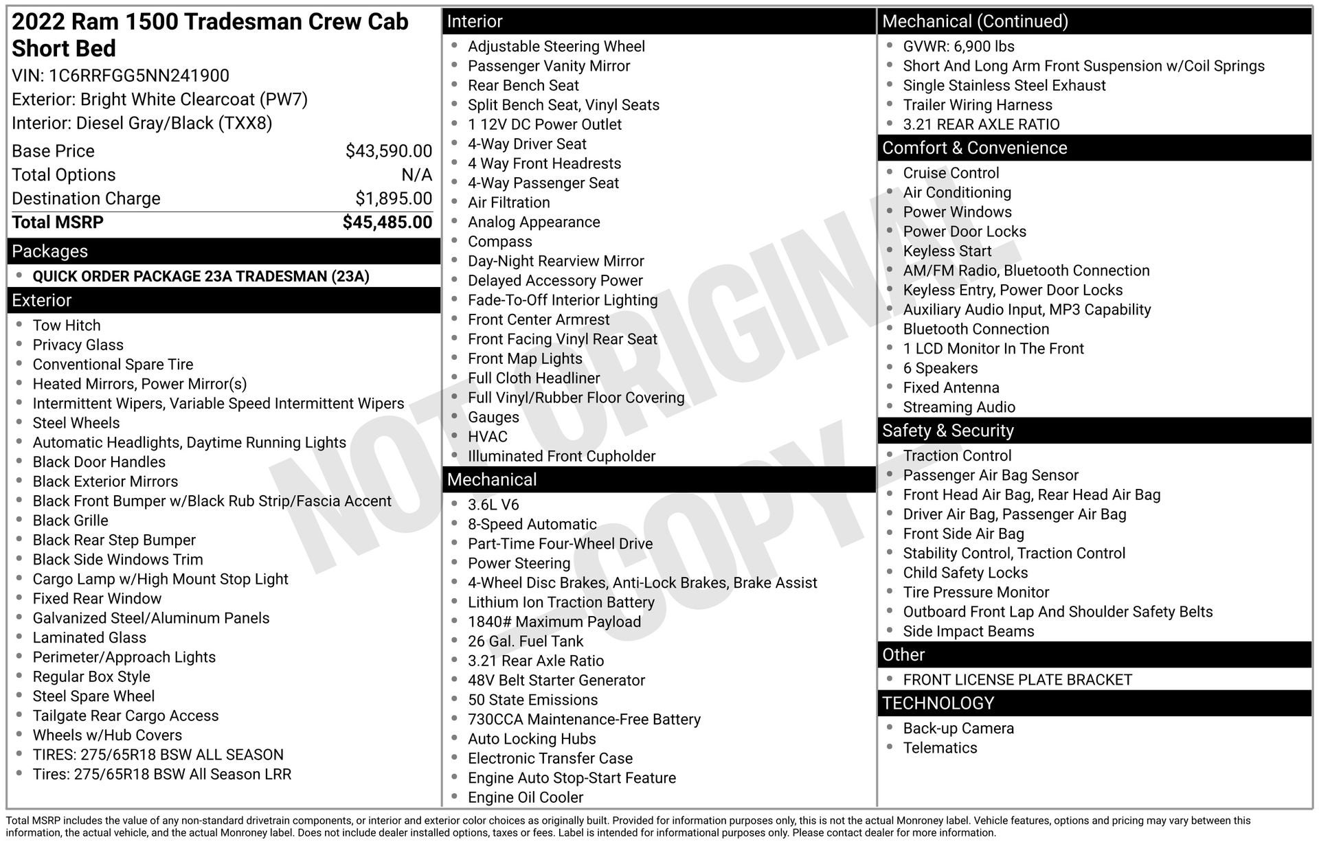 2022 RAM 1500 Tradesman Crew Cab 4x4 5'7' Box